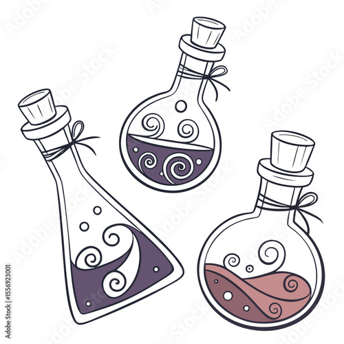 Three magical elixir bottles with swirling contents and cork stoppers potion bottles