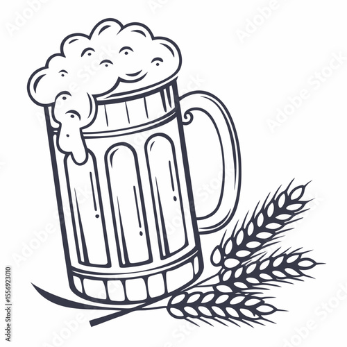Frothy beer mug with barley stalks wheat drink