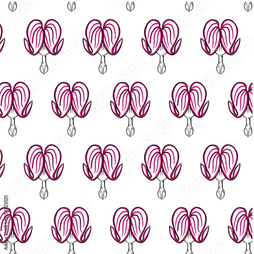 Bleeding Heart or Lamprocapnos spectabilis flower Seamless Pattern Hand drawn vector line art, Black and Red Flower isolated in white. Beautiful design for textile, wallpaper, wrapping paper and backg