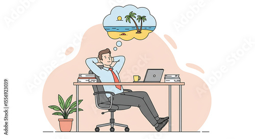 An office worker escapes stress by daydreaming of a beach vacation. A clean vector showing the need for work-life balance and holiday leave. Set for remote work burnout, Remote work stress, lifestyle