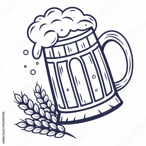 Frothy beer mug with barley stalks wheat drink