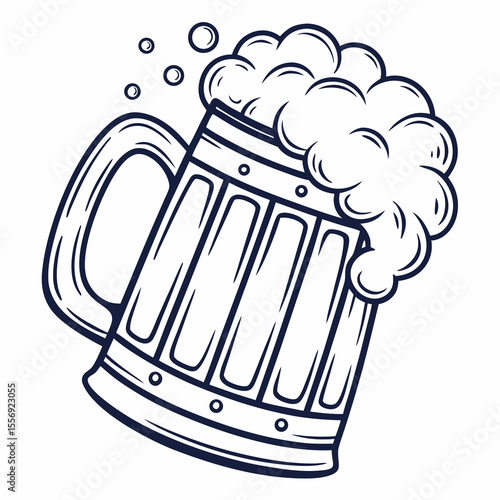 Frothy beer mug with bubbles and handle foam