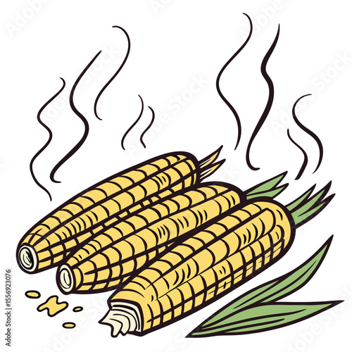 Three grilled corn cobs with steam and leaves food yellow