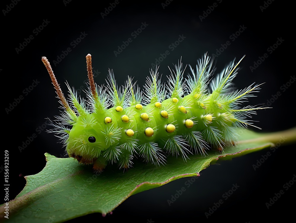 Naklejka premium Close-up of a unique, fuzzy green caterpillar with glowing spots on a leaf