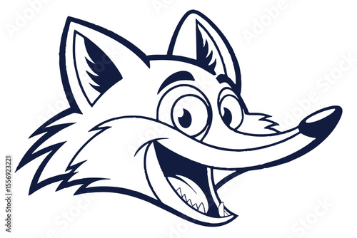 Joyful fox character head grinning widely with dark outlines on white background exudes playfulness