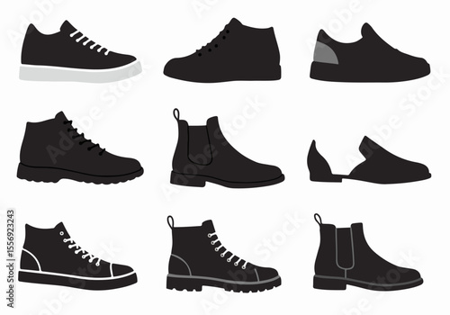 Collection of various black shoe silhouettes including sneakers, boots, chelsea boots, and loafers isolated on a white background in a grid pattern