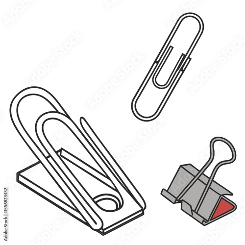 Silver and red binder clips and paperclip office supplies stationery
