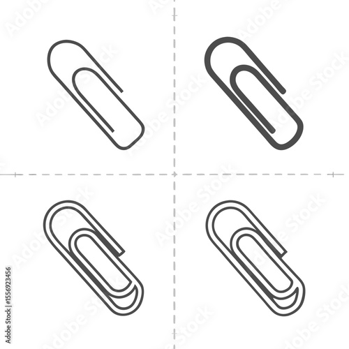 Four dark grey paperclip icons on white background office supply stationery