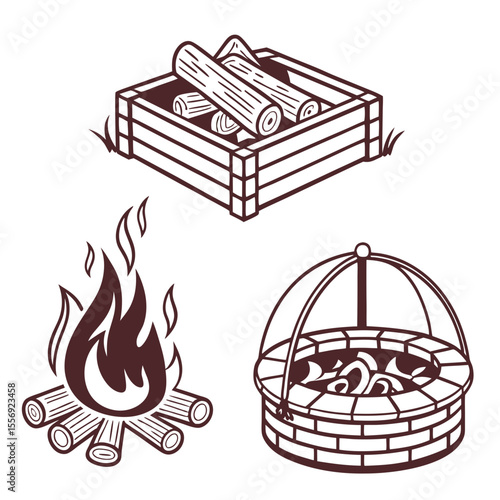 Firewood logs burning campfire brick fire pit vector