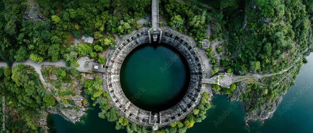 Top view drone shot of a lake dam. A panoramic picture of industrial structures and the natural world