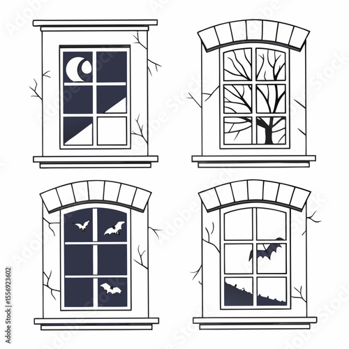 Four spooky windows with moon bats and bare tree halloween