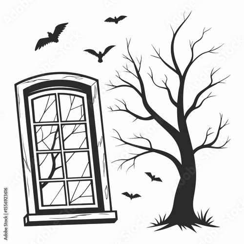 Spooky window with bare tree and flying bats halloween eerie