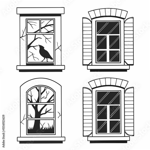 Four windows with eerie scenes and architectural details architecture bird