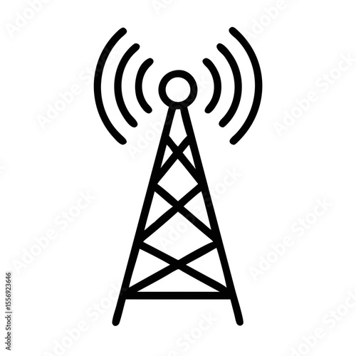 Broadcast Antenna Tower Icon with Signal Waves in Outline Style