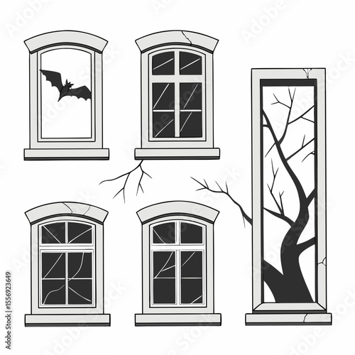 Eerie windows with bat and bare tree branches cracked