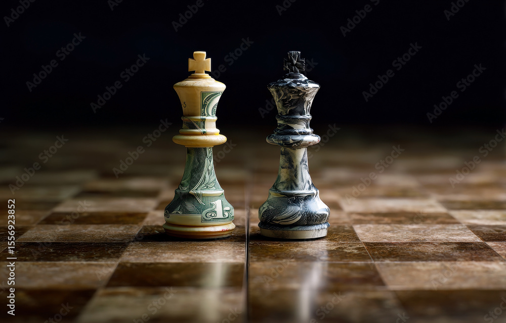 Fototapeta premium This captivating image juxtaposes a king chess piece crafted from currency, symbolizing the interplay of wealth and strategy, as they stand prominently on a checkerboard.
