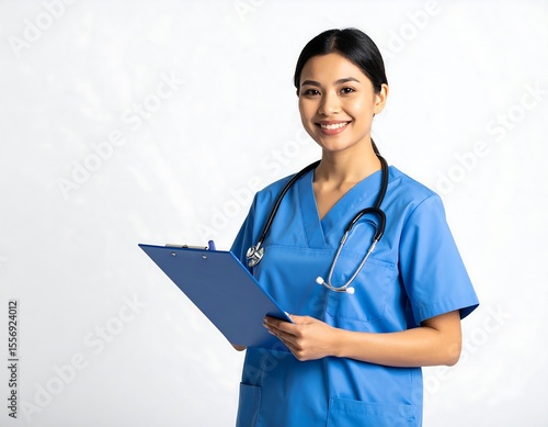 Friendly female nurse in blue scrubs holding clipboard