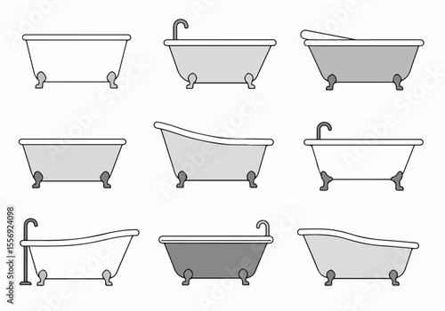 Collection of various clawfoot and freestanding bathtub illustrations with different styles and colors.