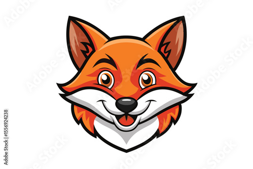 Cheerful orange fox mascot head shows a happy expression on the white background