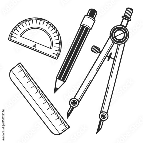 Drawing tools protractor ruler pencil compass vector