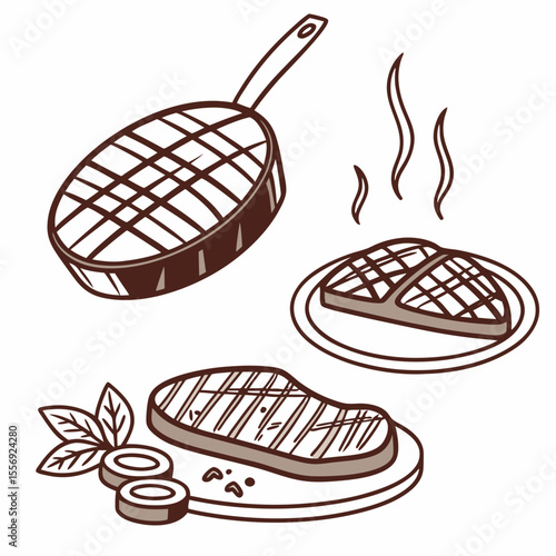 Grilled steak food icons with grill marks and steam cooking meat
