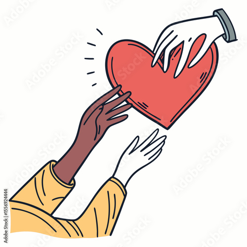 Hands sharing red heart symbol giving receiving
