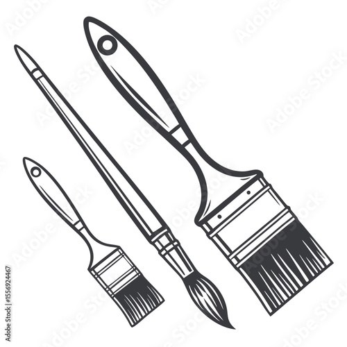 Three paintbrushes art tools black ink outline drawing painting