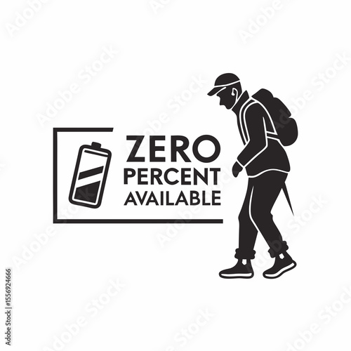 Hiker with empty battery indicator and text backpack battery icon