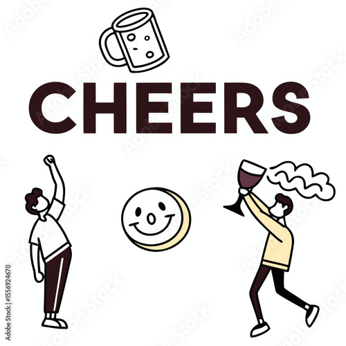 Cheerful celebration with people raising drinks and a smiley face cheers wine glass