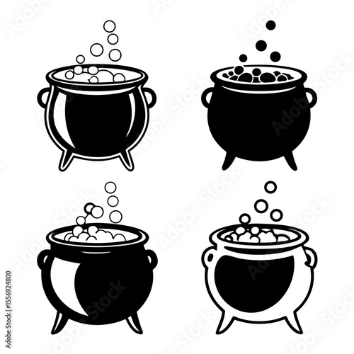 Black cauldrons bubbling with potion liquid
