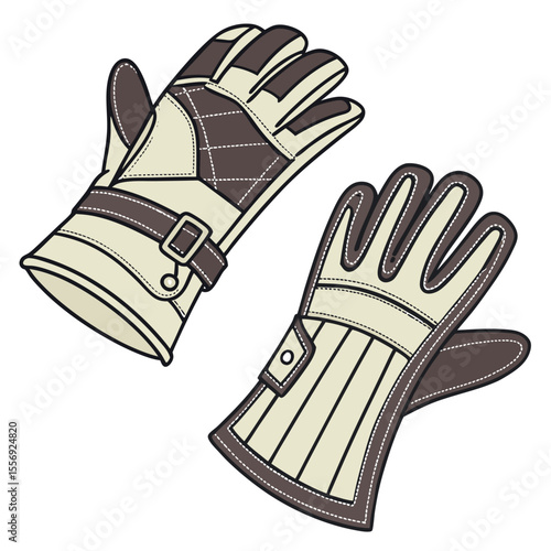 Brown and beige leather gloves with buckles and stitching vector