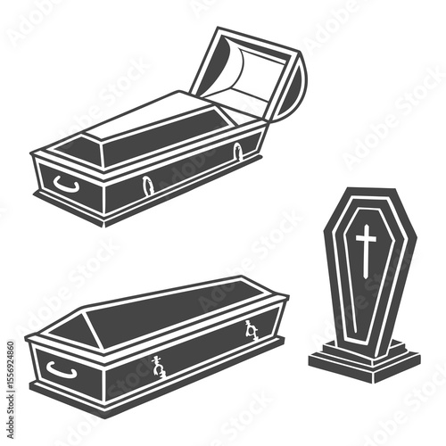 Dark coffins and tombstone with cross casket burial