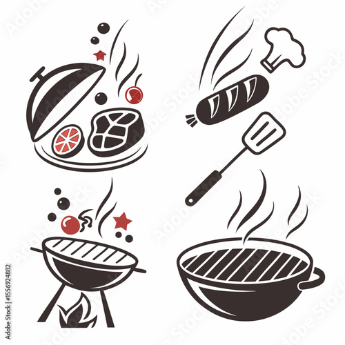 Barbecue grill icons steak sausage chef hat spatula sizzling food vector