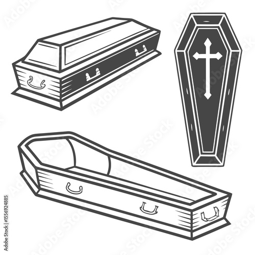 Dark coffins with handles and cross symbol casket death