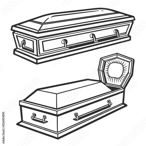 Black and white line art coffins with handles casket burial