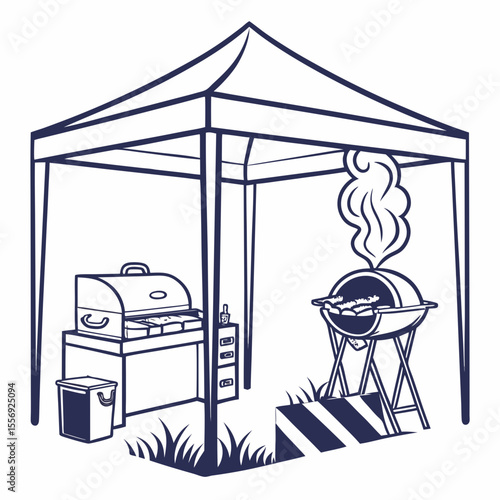 Outdoor barbecue tent with grilling food and cooking equipment vector