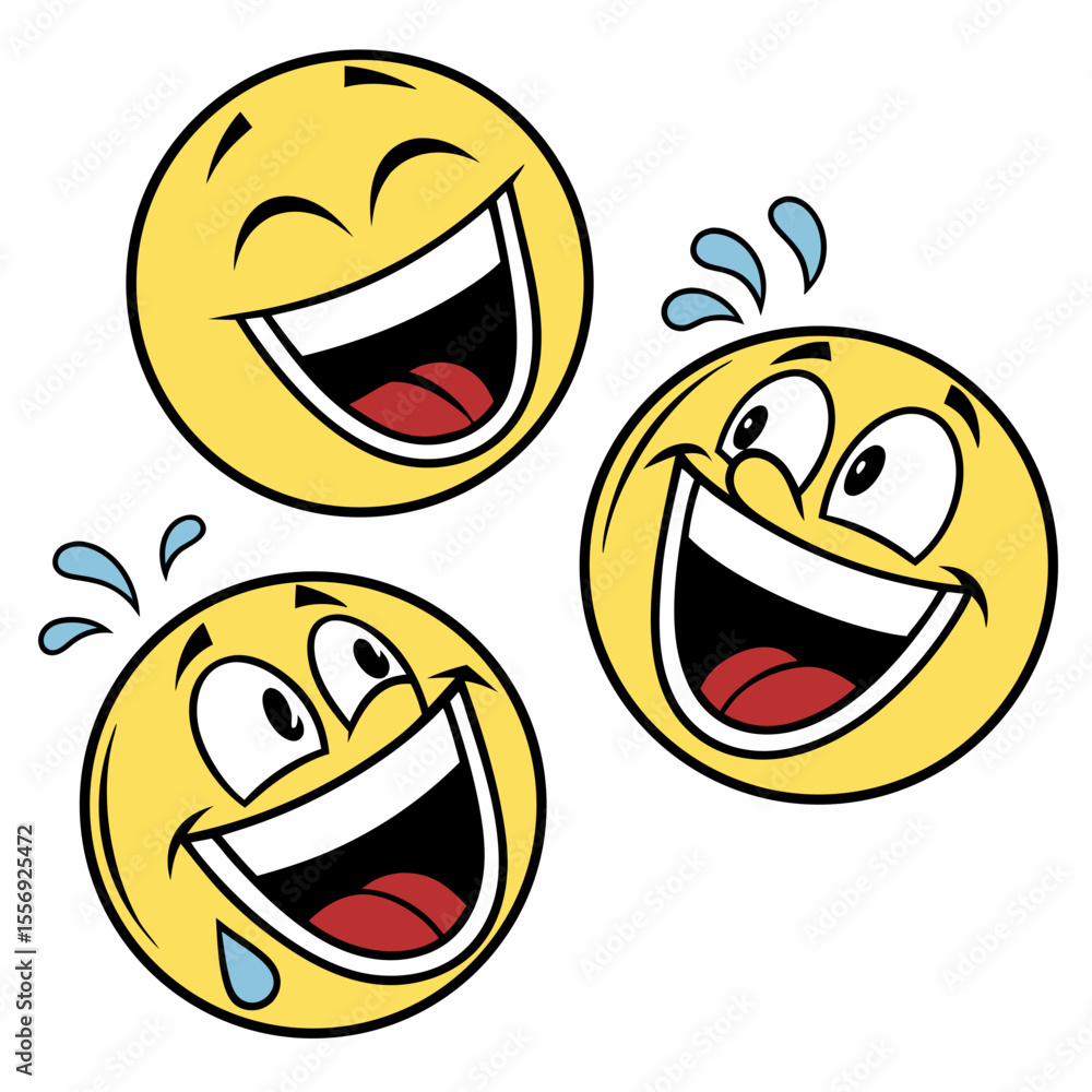 Fototapeta premium Three laughing yellow faces with blue sweat drops laughing faces emoji