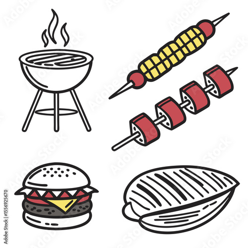 Barbecue grill burger corn skewers mussels illustration vector