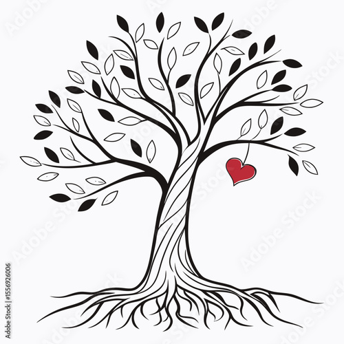 Stylized tree with red heart ornament and roots love nature