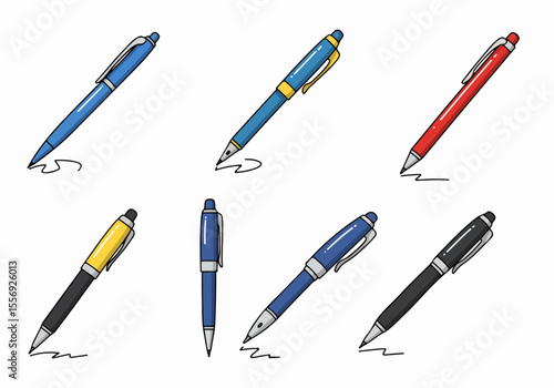 Hand-Drawn Set of Colorful Ballpoint Pens for School, Office, or Creativity