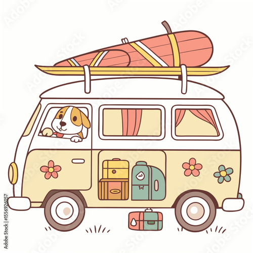 Cute dog driving yellow camper van with surfboards and luggage travel