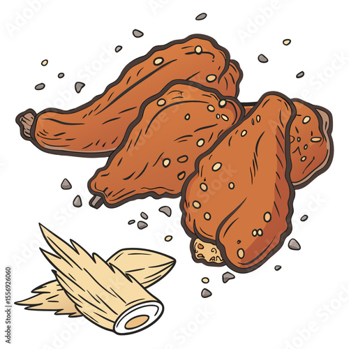 Delicious grilled chicken wings with seasoning and wooden skewers food poultry