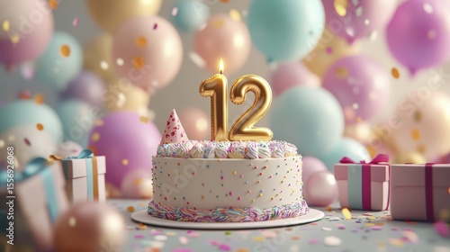 Celebratory 12th Birthday Cake with Balloons and Presents in Pastel Colors
