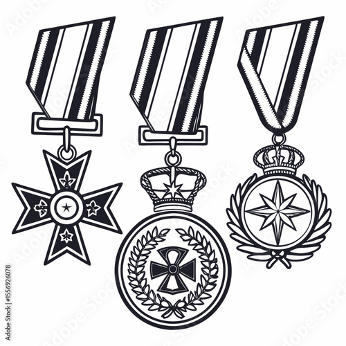 Three ornate medals with ribbons and decorative elements award honor