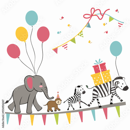 Elephant zebra parade with balloons and presents vector