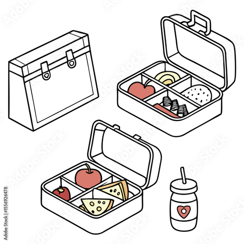 Lunchboxes filled with food and a drink bottle apple