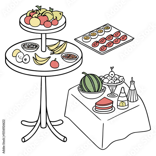 Colorful assortment of fruits and desserts displayed on tables food watermelon