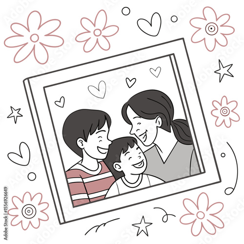 Happy family portrait with floral doodles and hearts mother children