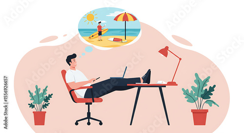 An office worker escapes stress by daydreaming of a beach vacation. A clean vector showing the need for work-life balance and holiday leave. Set for remote work burnout, Remote work stress, lifestyle