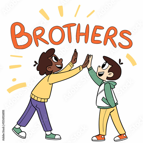 Two cartoon brothers high fiving with bold orange text high five friendship